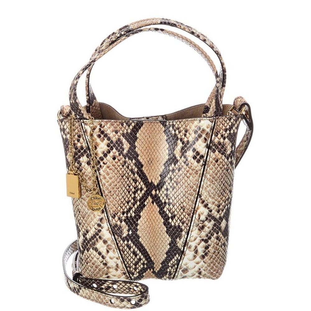 Chloé Spin Small Python-Embossed Leather Bucket Bag, Beige